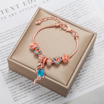 China Natural Opal Beads Crystal Charm Bracelets Rose Gold Plated Cubic Zircon Heart Flamingo Pendant TRENDY Bracelet DIY For Women Jewelry for sale