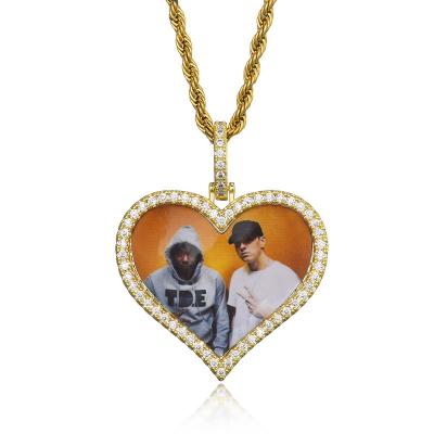 China 2020 Hiphop Hot Selling Custom Photo Heart Shape Full Zircon Gold Silver Sublimation Necklace for sale