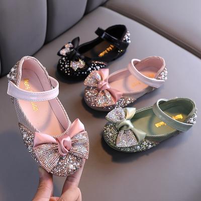 China New Round Kids Leather Trim Shoes Rhinestone Bow Princess Girls Party Dance Shoes Baby Student Performance Flats Kids Shoes for sale