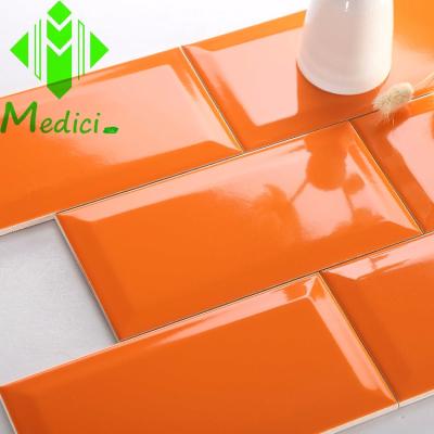 China 3X6 Glazed Metal Tiles, 4X8 Glossy Orange Beveled Ceramic Wall Tiles Kitchen Ceramic Tile Foshan Tile Front Wall for sale