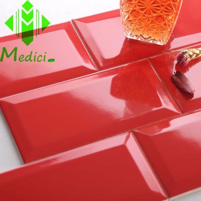 China Red Color Rustic Tile 100*200mm Subway Tile Bathroom Design Beveled Wall Tiles for sale