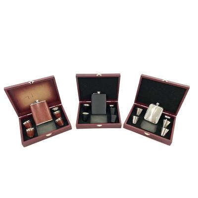 China Modern Customize Matte Black Stainless Steel Hip Flask Set In Empty Wooden Gift Box Leather Flask Set for sale