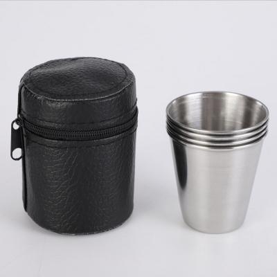 China 2020 disposable new arrive small stainless steel wine cup with leather portable sleeve for 4 pcs one set 30ml for sale