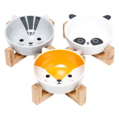 China Sustainable Cute Pet Frame Cartoon Pet Ceramic Bamboo Dog Bowl With Stand for sale