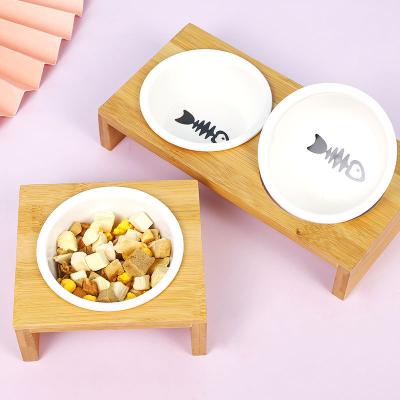 China Simple And Fashionable Bamboo Frame Sustainable Single And Double Ceramic Cat Bowl for sale