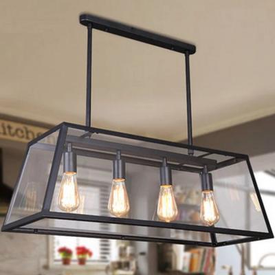 China Iron Glass Rectangle Chandelier Island Contemporary Black Lighting Kitchen Shade Pendant Lamp for sale