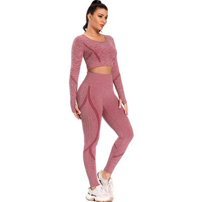 China Breathable 2 Piece Gym Set Women Seamless Long Sleeve Crop And Leggings Yoga Gym Wear Set for sale