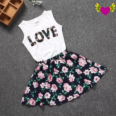 China 2021 Summer New Casual Children's Wear Girl's LOVE Letter Sleeveless Vest + Floral Skirt 2 Sets for sale