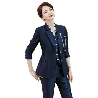 China Anti-wrinkle dark blue rose color block suit collar ladies office fashion white double breasted suit for sale