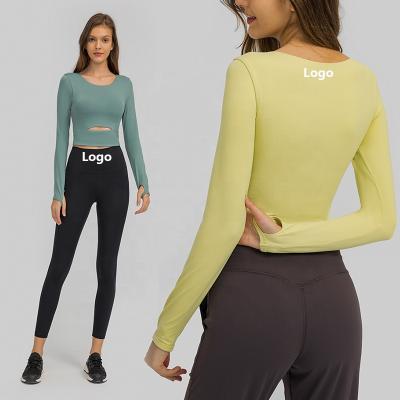 China S2032 Breathable Womens Long Sleeve Naked Feeling Yoga Top With Breathable Hollow Padded Out Of Fitness Crop Top for sale