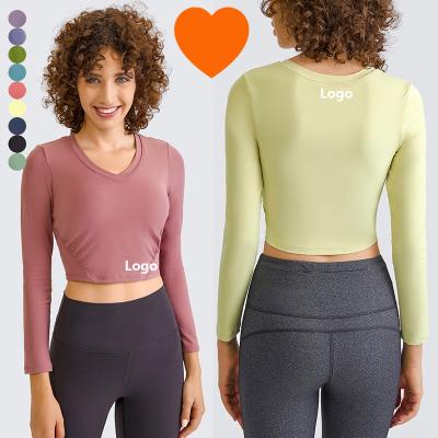 China DS137 Lulu Custom Logo New Arrivals Breathable Tight V-Cup Collar Nylon Yoga Girdles Long Crop Tops Plus Size T-Shirts for sale