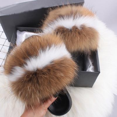 China Fashion Trend Fox The New Real And Raccoon Slippers Fur Slides Spring Autumn Winter Women Fashion Sandals for sale