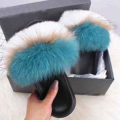 China Fashion Trend Factory Wholesale Custom Raccoon Slide Indoor Sandals Fashion Ladies Real Fox Fur Slippers for sale