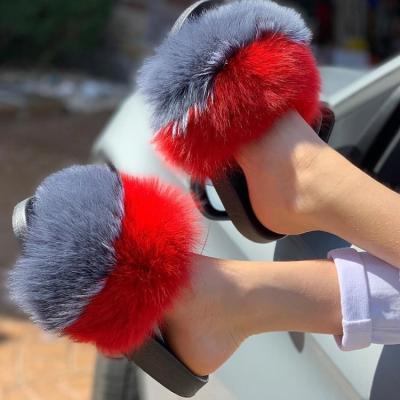 China Real Fox Fur Multicolor Fluffy Sandal Women Fashion Design Trend Fashion Design Slides Soft Furry Slippers for sale