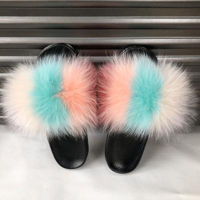 China Real Wide Breathable Soft Fluffy Fox/Raccoon Fur Slides Baby Fur Slippers Varieties for sale