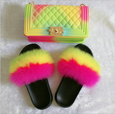 China Breathable Original Design Women Fur Slide And Purse Set Real Fox Fur Slides With Matching Jelly Bag Fur Slides Bulk With Purses for sale