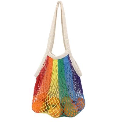 China Wholesale Eco-Friendly Knitted Cotton Handled Cotton Fabric Rainbow Color Grocery Fruit Vegetable Twine Shopping Handle Bag for sale