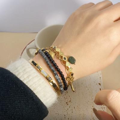 China Vintage Bohemian Ethnic Style Pierre Naturelle Natural Stone Handmade Beaded Fashion Stacked Bracelet 14k Gold Plated Diy Combination Je for sale