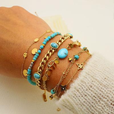 China Natural Beaded Bracelet Woman Fashion Jewelry Vintage Turquoise Stone Stainless Steel Bracelets & Bangles for sale