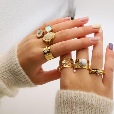 China Vintage Stone Natural Ring Women 'S Seashell Teams Star Titanium Steel Gold Plated Non-fading Adjustable Opening Ring for sale