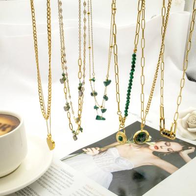 China Double Malachite Combination Torques Gold Green Titanium Steel Necklace Punk Double French Stacked Soft Natural Clavicle Stone Cha for sale