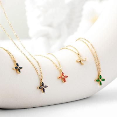 China Pure Zircon Four Leaf Clover Necklace Stainless Steel Charm 14k Gold Four Leaf Clover Necklace Multicolor Punk Female Clover Pendant for sale