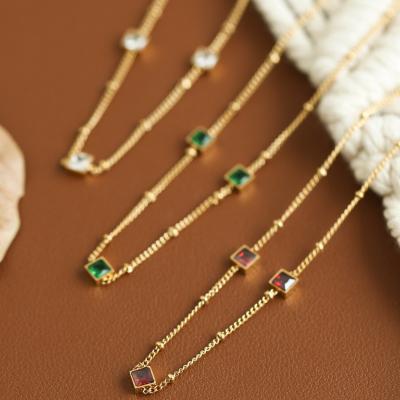 China Stylish French Punk Combination Square Combination Stainless Steel Zircon Green Zirconium Necklace Plated With Lasting 14k Real Gold Color for sale