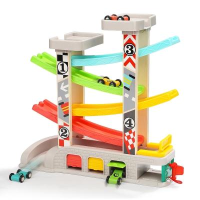 China Entertainment - Luminous Montessori Four-Track Four Wooden Slide Toys Wooden Tops Toy Educational Wooden Trucks Track Racer Kids Racing Track Toys For Children for sale