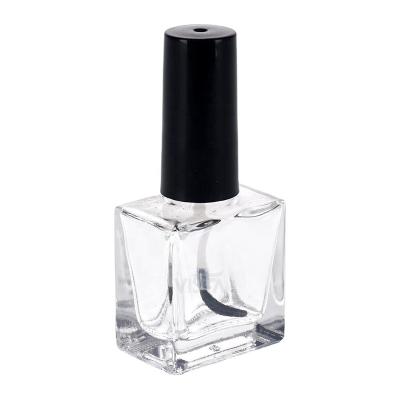 China 15ml Square Clear Empty Cosmetic Usual Glass Bottle For Nail Care With Black Plastic Cap And Plastic Brush for sale