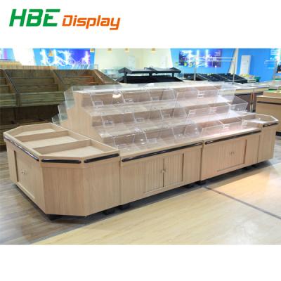 China Eco - Friendly Supermarket Food Display Stands Shop Wooden Bread Display Rack for sale