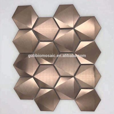 China 3D Parquet Hexagon Stainless Steel Mosaic Tile, Brush Mix Finish Glossy Surface Rose Golden Color Mosaic tile.GB-3DS756H for sale