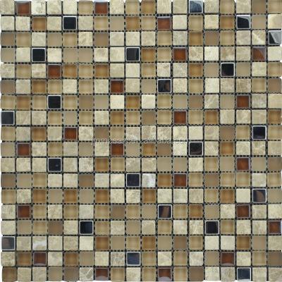 China Parquet Camel Color Mix Marble Mosaic Slab Mix Stone Glass Stainless Glass Mosaic Slab for sale