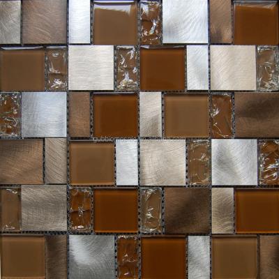 China Parquet Ice Split Glass Mosaic Mix Brown Brushed Aluminum Alloy Mosaic And Glass Mosaic Slab for sale