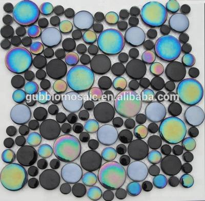 China Parquet Black Mix Iridescent Color Surrounded Circular/Cycloidal Mix Marble Glass Mosaic Slab By Round Shape GBG006R for sale