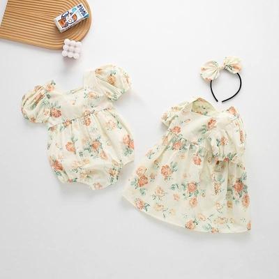 China Washable Outfit Princess Korean Style Kids Clothing Place Collar Pull Sashes Baby Rompers Kids Girls Floral Dresses for sale