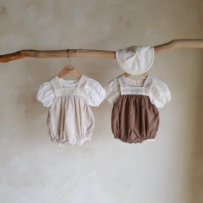 China Breathable Bubble Sleeve Shirt+Lace Shoulder Strap Romper Korean Baby Girls Two Piece Suit for sale