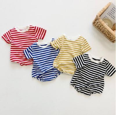 China Wholesale Soft Breathable Casual Neutral Baby Clothes Jumpsuit One Piece, 100% Knitted Cotton Short Sleeve Striped Summer Baby Boy Rompers for sale