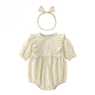 China 100% Cotton Summer Clothing Infant Girls Overalls Ruffled Sleeves Baby Rompers Short Outfit With Headband for sale