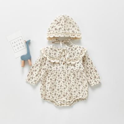 China 100% Cotton Muslin Baby Romper Lapel Romper Bag Pet Clothes Big Long Sleeve Floral Baby Girl Clothes for sale