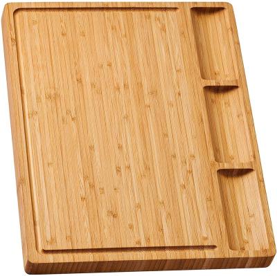 China Large Kitchen Cheese Board Stocked Bamboo Wooden Cutting Board with 3 Compartments and Built-in Juice Grooves for sale