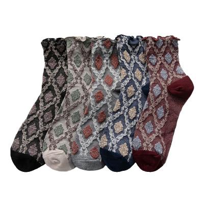 China Retro Fashion Crew Tube Embroidery Women Colorful Argyle Cotton Socks Antibacterial Hemming Socks for sale