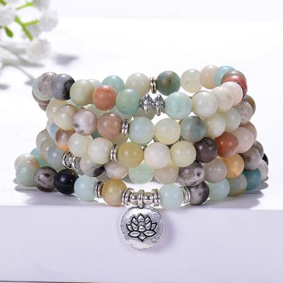 China The hot sale FASHIONABLE 8mm Matt Amazonite Stone Bracelet 108 Buddha bead Lotus Yoga Pendant Mala Bracelet for sale