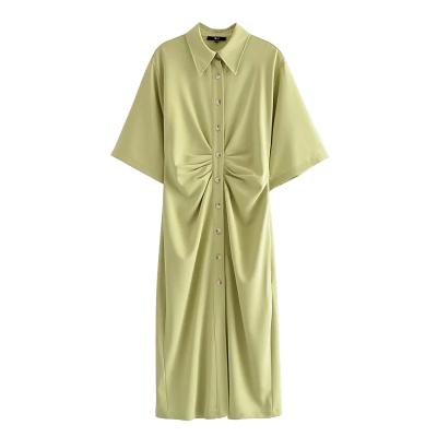 China Breathable fashion and chic clothing. Full shirt with large buttonholes, women's button draped mid length dress for sale