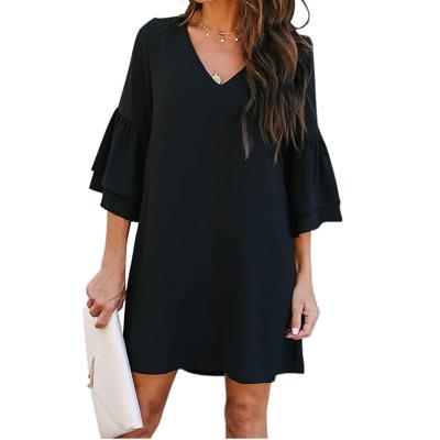 China 2022 Solid String Bell Sleeve Elegant Sweet And Cute V-Neck Female Anti-Static Plus Size Long Women Dress Shift Dress for sale