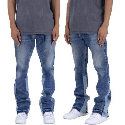 China Wholesale Custom Mens Breathable Color Blocked Contrast Denim Flare Slim Fit Jeans With Edge Deconstructed Male Casual Pants for sale