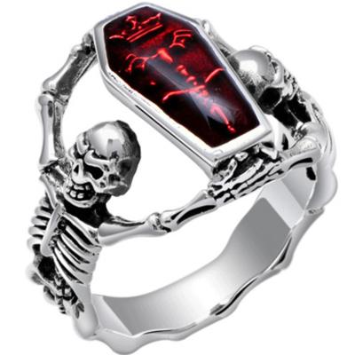 China Retro Vampire Ring Bat Skull Punk Red Skeleton Thai Silver Zircon Ring Men Hip Hop Skull Head Rings Jewelry for sale