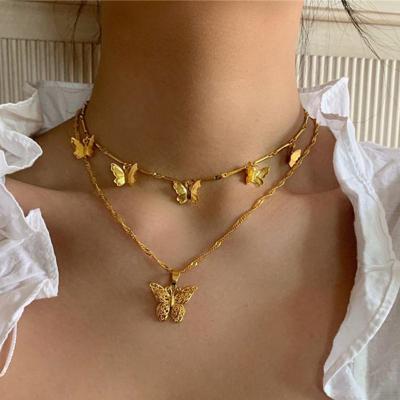 China High Quality Gold Plated Double Layer Hollow Butterfly Necklace Clavicle Butterfly Women Pendent Necklace for sale