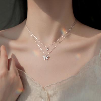 China Wholesale Environmental Friendly Women Charm Jewelry Love Couples Snap Drill Clavicle Chain Alloy Butterfly Double Layer Pendant Necklace for sale