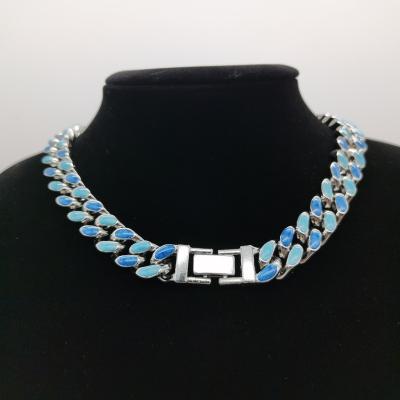 China Wholesale Environmental Friendly Women Men Blue Diamond Wide Cuban Chain Necklace Fashion Hip Hop Alloy Cuban Link Necklace for sale