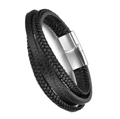 China Vintage High Polish Matte Finished Stainless Steel Men's Leather Bracelet With Magnet Clasp for sale